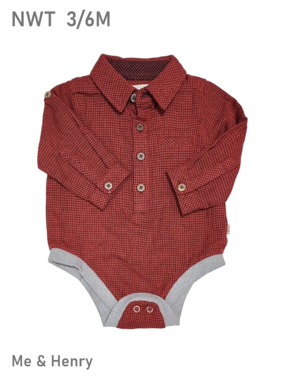 Me & Henry Red and Black Plaid pattern Long-Sleeve Bodysuit Size 3-6M